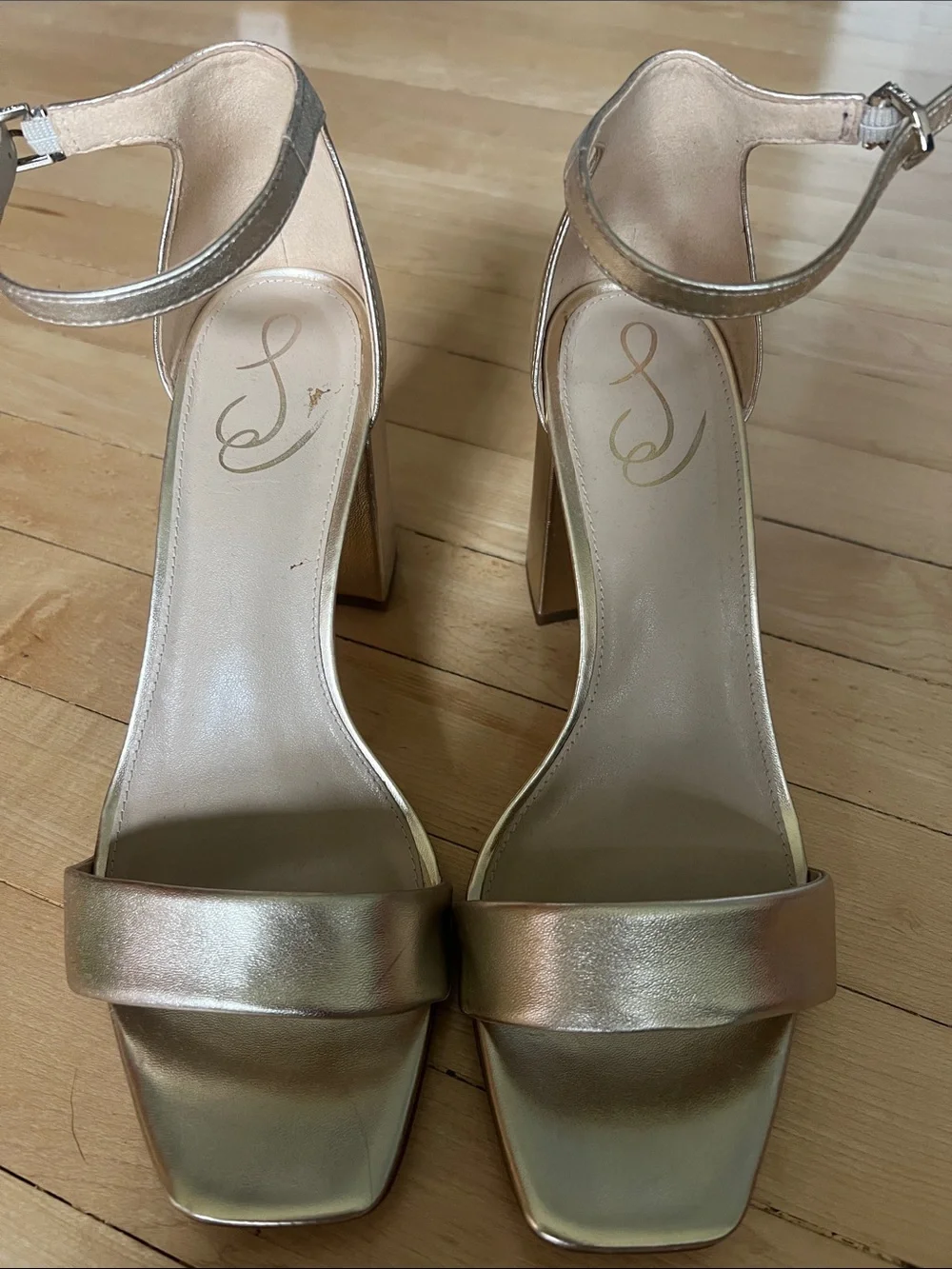 Sam Edelman Metallic Rose Gold Block Heel Ankle-Strap Sandals